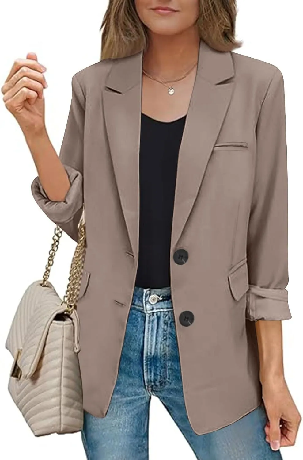 Women Fall Blazers Business Casual Suit Jackets with Pockets Notched Lapel Button Open Front Long Sleeve Work Blazer