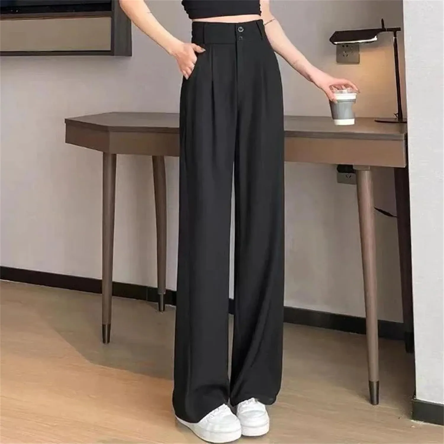 Women Female High Waisted Wide Leg Pants Concise Fashion Suit Trousers Lady Chic Designer Solid Color Slacks