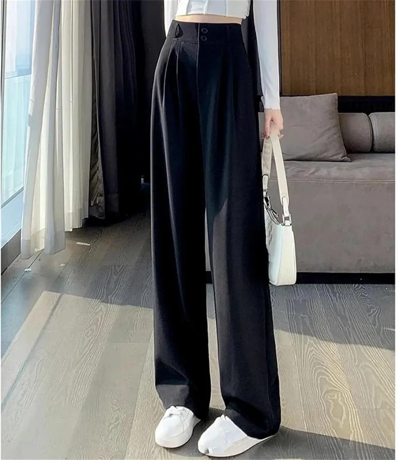 Women Female High Waisted Wide Leg Pants Concise Fashion Suit Trousers Lady Chic Designer Solid Color Slacks
