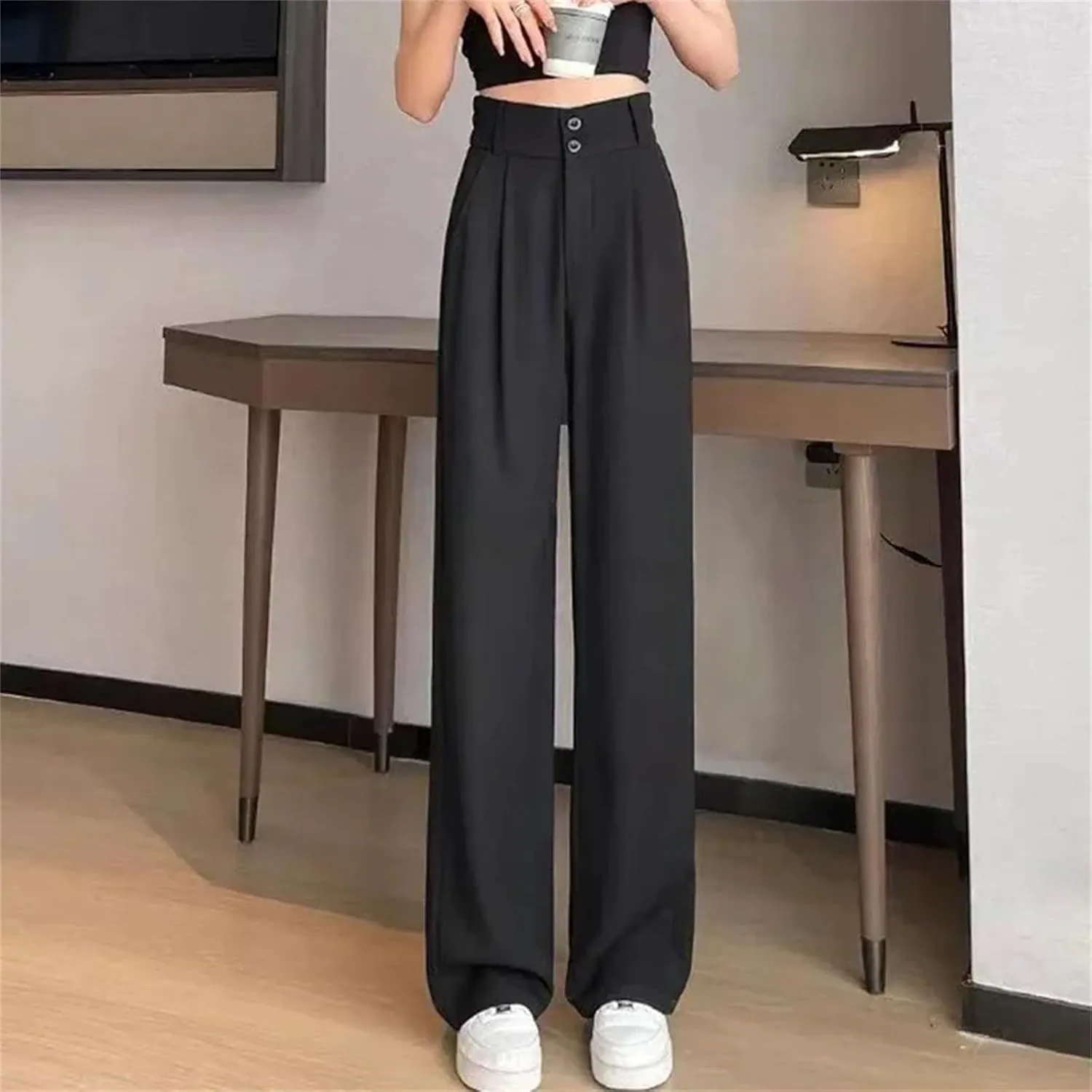 Women Female High Waisted Wide Leg Pants Concise Fashion Suit Trousers Lady Chic Designer Solid Color Slacks