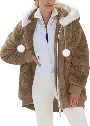 Women Fuzzy Fleece Jacket Winter Warm Hooded Cardigan Plus Size Sherpa Coats Cute Lightweight Plush Outerwear