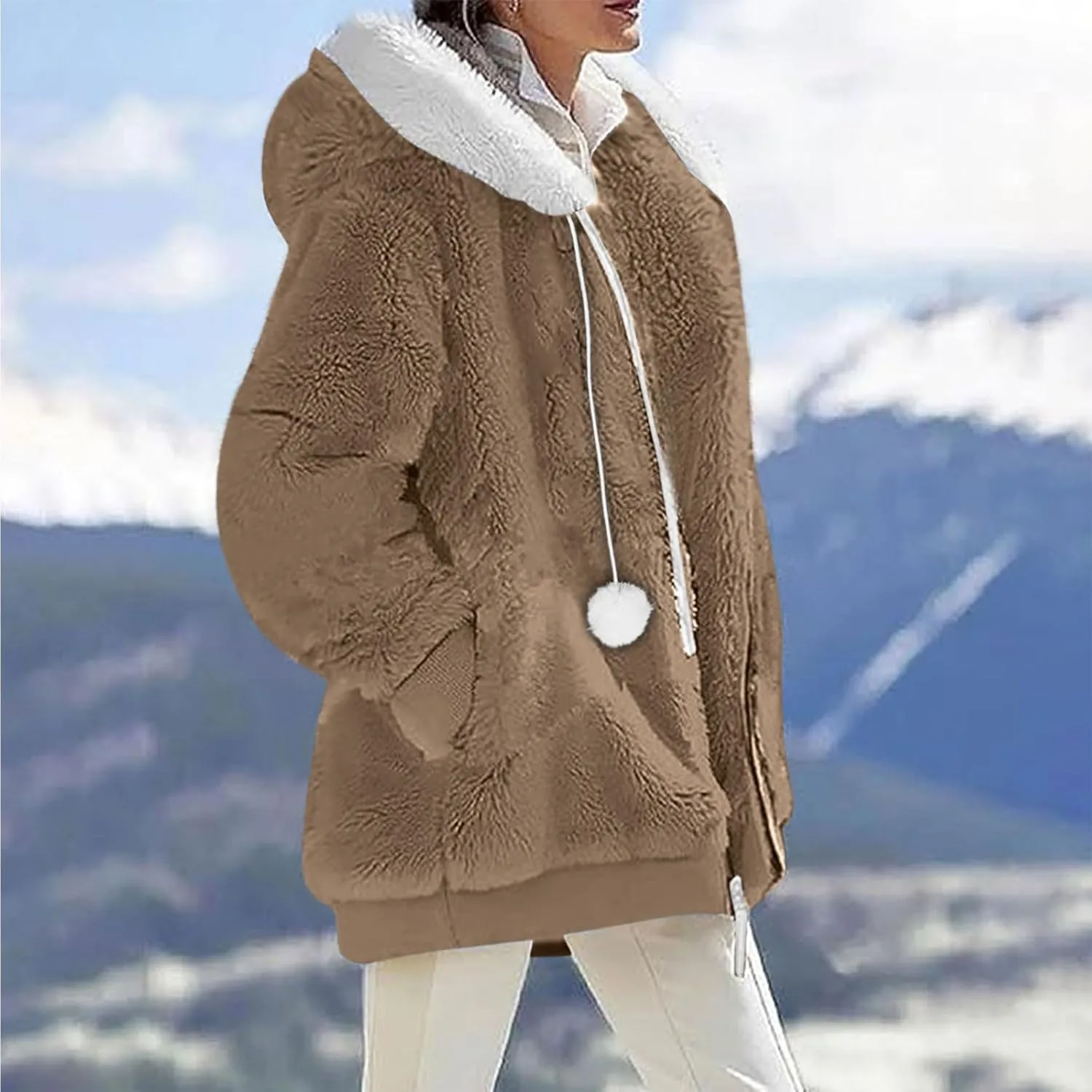 Women Fuzzy Fleece Jacket Winter Warm Hooded Cardigan Plus Size Sherpa Coats Cute Lightweight Plush Outerwear