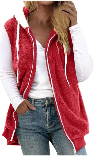 Women Fuzzy Fleece Vest Sleeveless Fleece Sherpa Jacket Flannel Plaid Jacket Plus Size Hooded Coat Faux Fur Zip Jacket