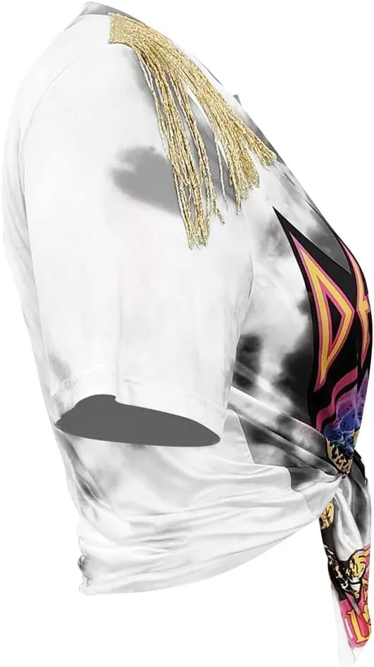 Women Graphic Tees Cut Up Tassel Shirts Fringe Open Front Crop Top Short Sleeve T-Shirt