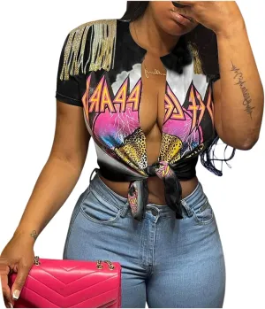 Women Graphic Tees Cut Up Tassel Shirts Fringe Open Front Crop Top Short Sleeve T-Shirt