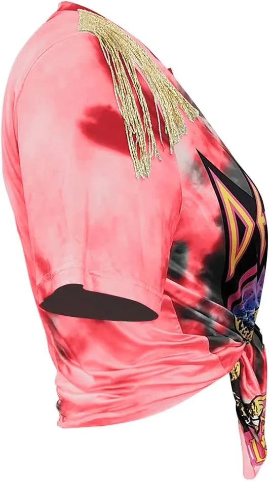 Women Graphic Tees Cut Up Tassel Shirts Fringe Open Front Crop Top Short Sleeve T-Shirt