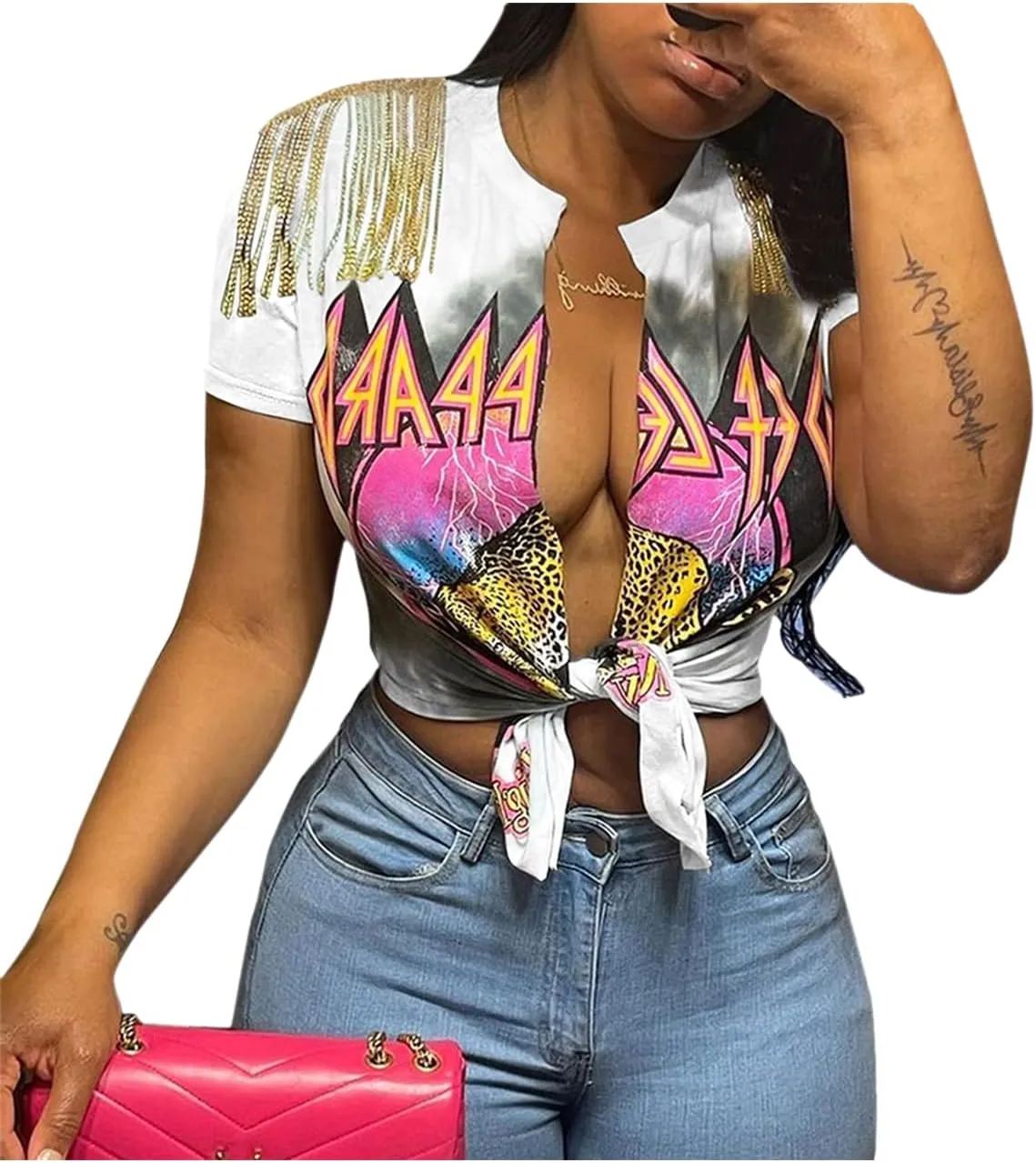 Women Graphic Tees Cut Up Tassel Shirts Fringe Open Front Crop Top Short Sleeve T-Shirt