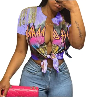Women Graphic Tees Cut Up Tassel Shirts Fringe Open Front Crop Top Short Sleeve T-Shirt
