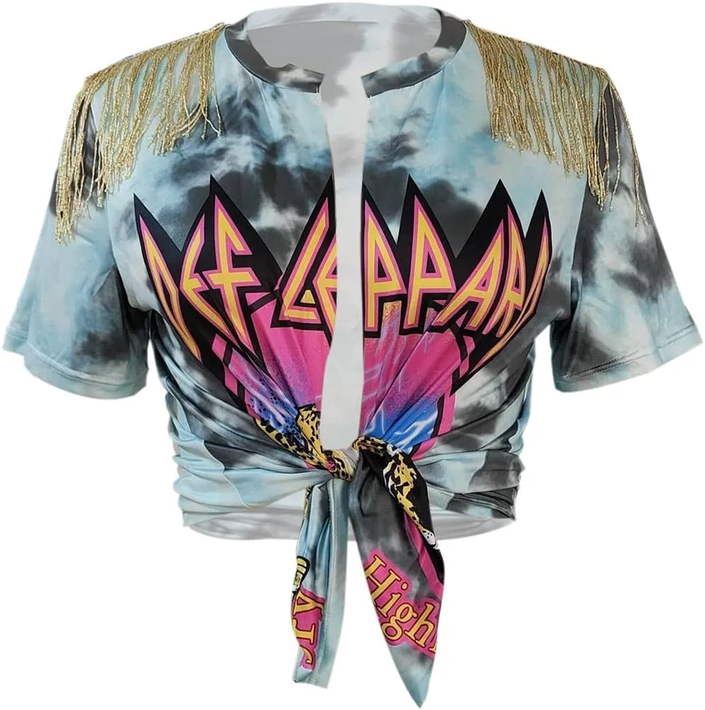Women Graphic Tees Cut Up Tassel Shirts Fringe Open Front Crop Top Short Sleeve T-Shirt