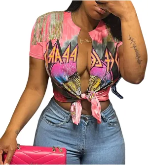 Women Graphic Tees Cut Up Tassel Shirts Fringe Open Front Crop Top Short Sleeve T-Shirt