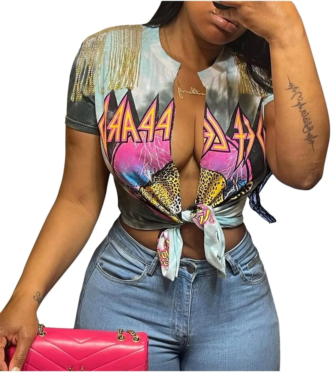 Women Graphic Tees Cut Up Tassel Shirts Fringe Open Front Crop Top Short Sleeve T-Shirt