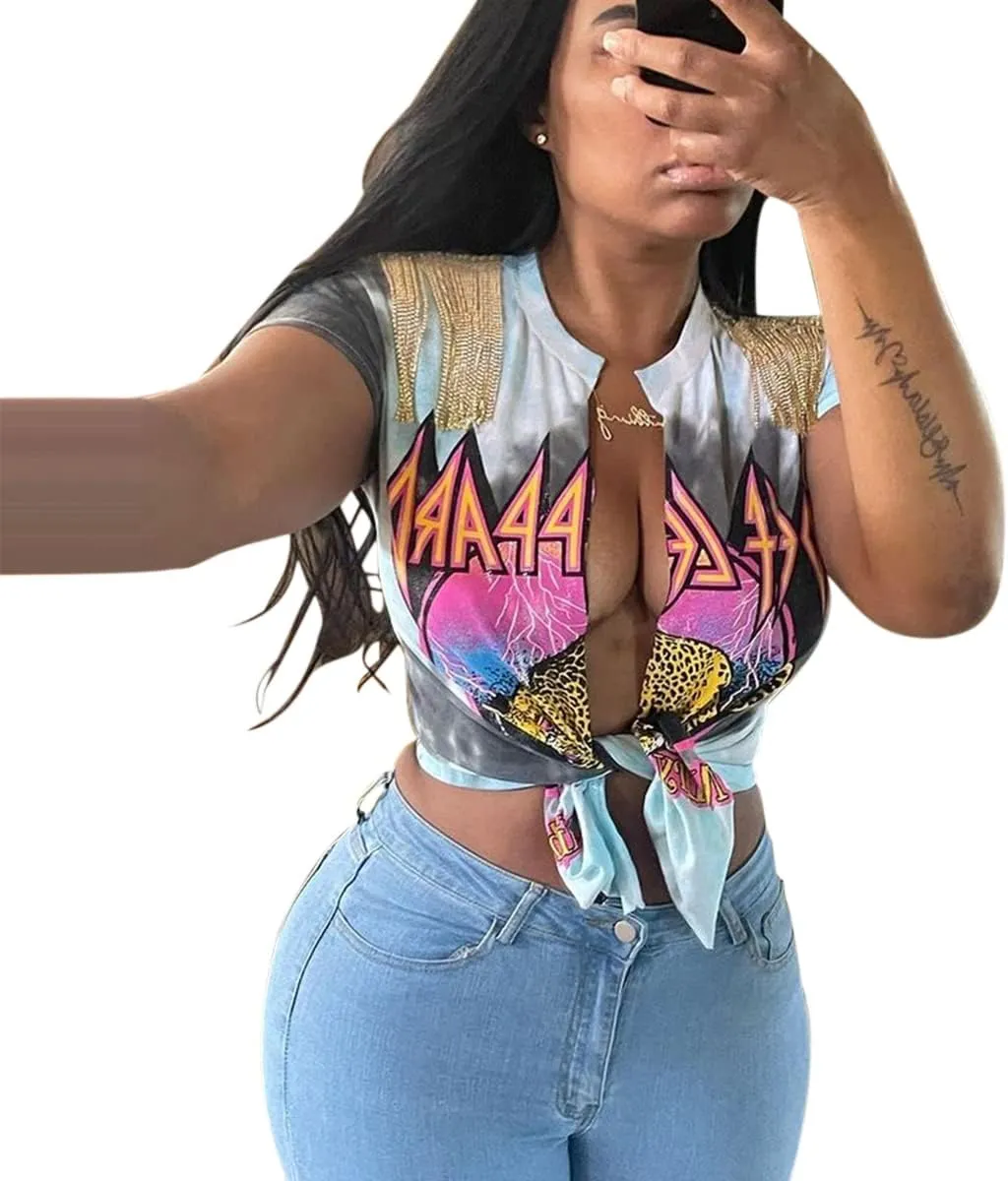 Women Graphic Tees Cut Up Tassel Shirts Fringe Open Front Crop Top Short Sleeve T-Shirt