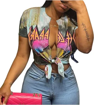 Women Graphic Tees Cut Up Tassel Shirts Fringe Open Front Crop Top Short Sleeve T-Shirt