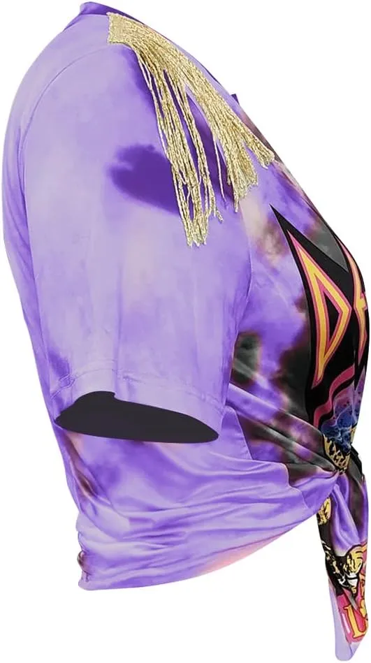 Women Graphic Tees Cut Up Tassel Shirts Fringe Open Front Crop Top Short Sleeve T-Shirt