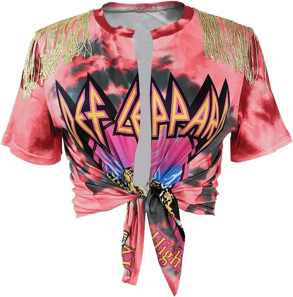 Women Graphic Tees Cut Up Tassel Shirts Fringe Open Front Crop Top Short Sleeve T-Shirt