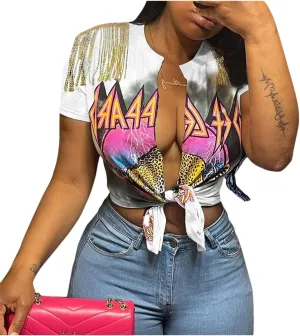 Women Graphic Tees Cut Up Tassel Shirts Fringe Open Front Crop Top Short Sleeve T-Shirt