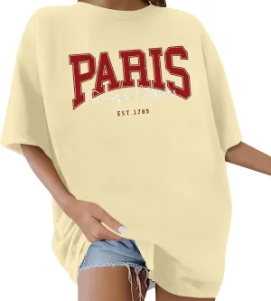 Women Letter Graphic Print Tee Shirt Oversized Short Sleeve Crew Neck Drop Shoulder Casual T-Shirt Tops