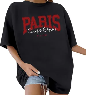 Women Letter Graphic Print Tee Shirt Oversized Short Sleeve Crew Neck Drop Shoulder Casual T-Shirt Tops