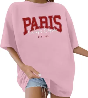 Women Letter Graphic Print Tee Shirt Oversized Short Sleeve Crew Neck Drop Shoulder Casual T-Shirt Tops