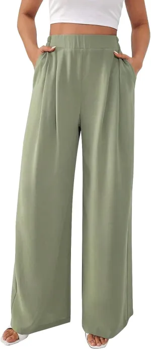 Women Linen Pants Summer Wide Leg Pants Smocked Waist Palazzo Pants Boho Flowy Beach Casual Loose Pants with Pocket