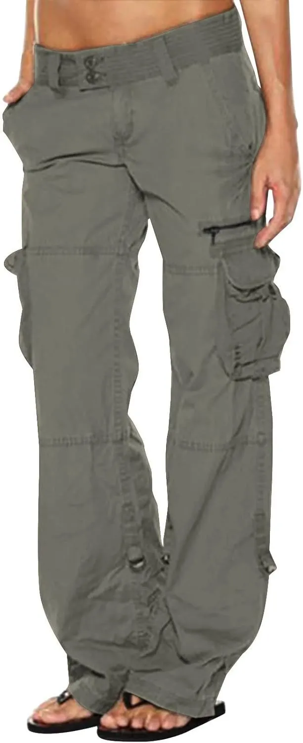Women Low Waist Cargo Pants Casual Hiking Pant Multi Pocket Tactical Pants Wide Leg Workout Sweatpants Trousers