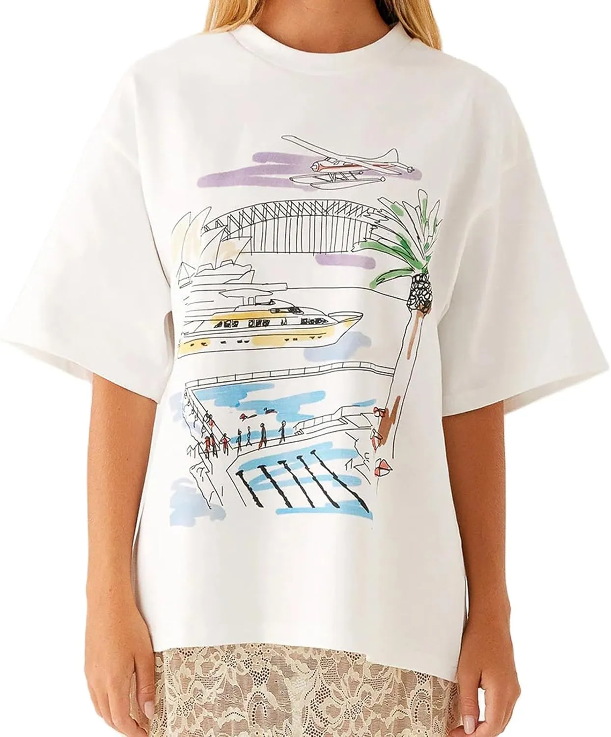 Women Oversized Graphic T Shirt Y2k Short Sleeve Crew Neck Drop Shoulder Loose Fit Tees Summer Preppy Aesthetic Baggy Top