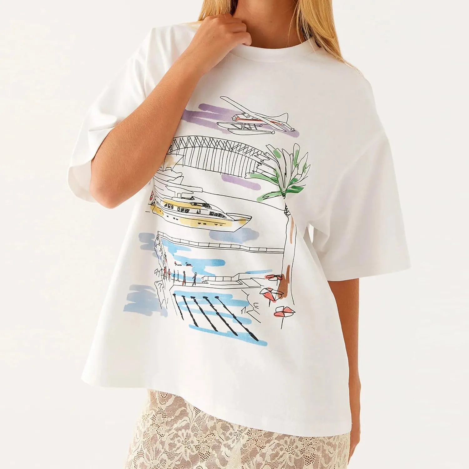 Women Oversized Graphic T Shirt Y2k Short Sleeve Crew Neck Drop Shoulder Loose Fit Tees Summer Preppy Aesthetic Baggy Top