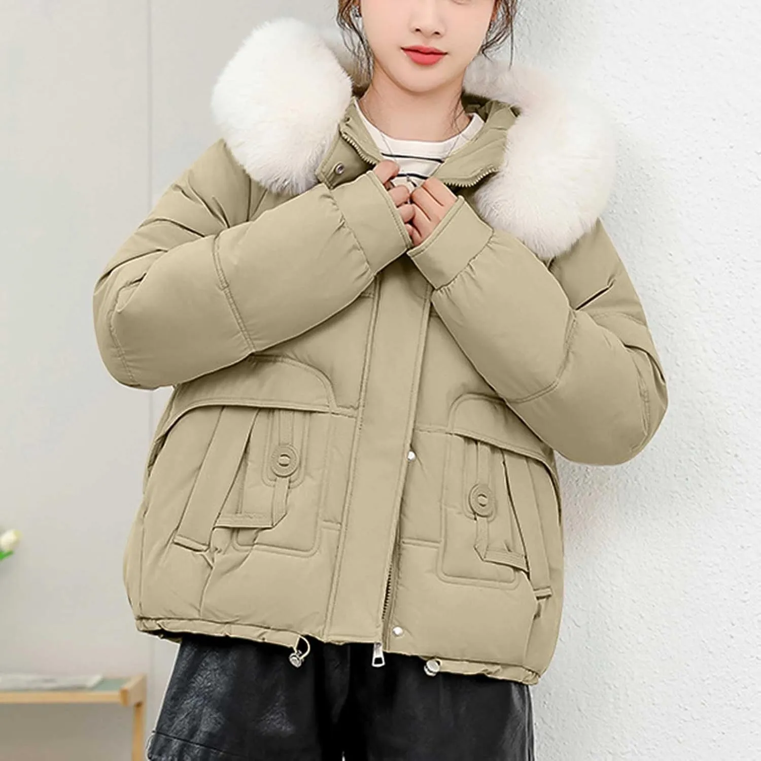 Women Puffer Jacket with Fur Hood Thickened Warm Plus Size Winter Coats Hooded Long Sleeve Quilted Puffer Jacket