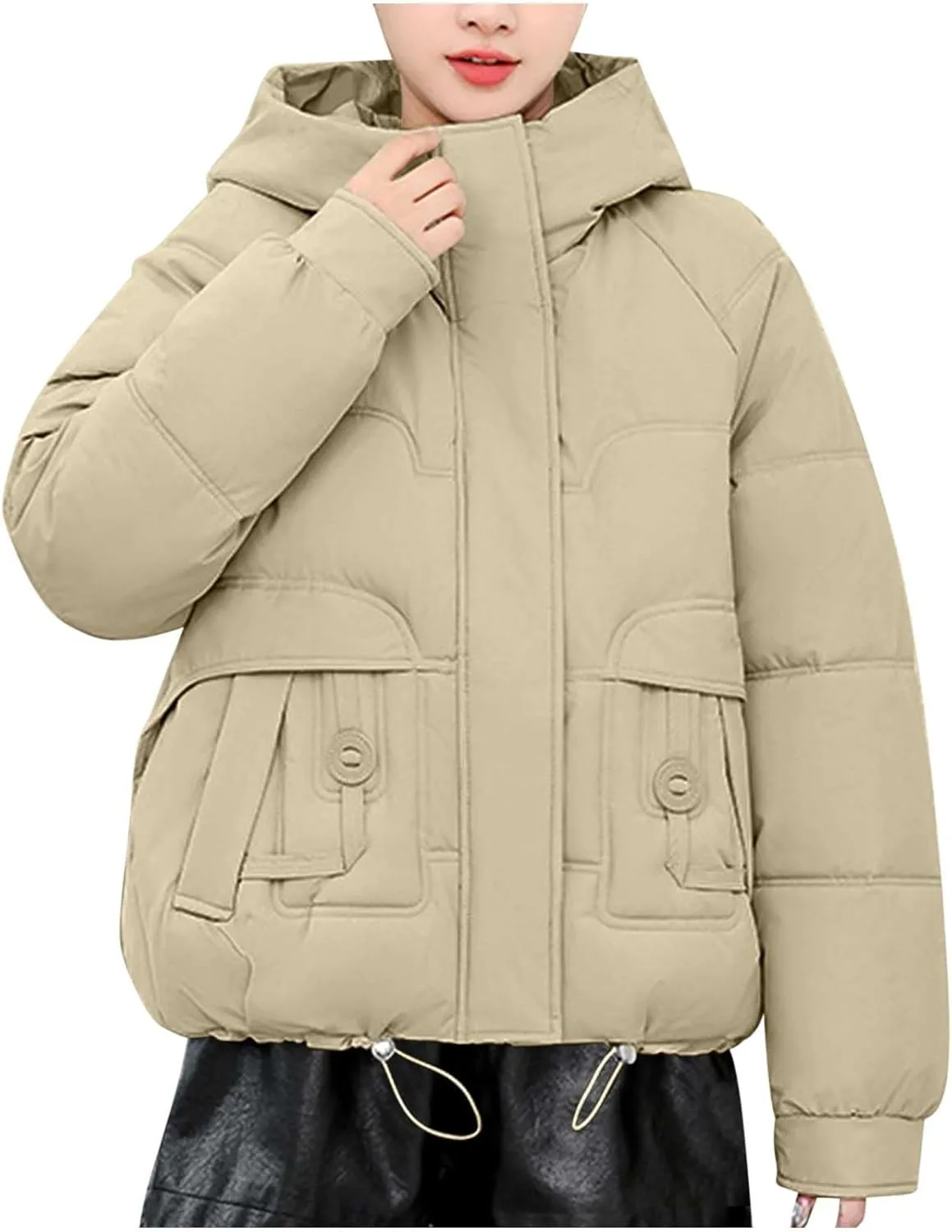 Women Puffer Jacket with Fur Hood Thickened Warm Plus Size Winter Coats Hooded Long Sleeve Quilted Puffer Jacket