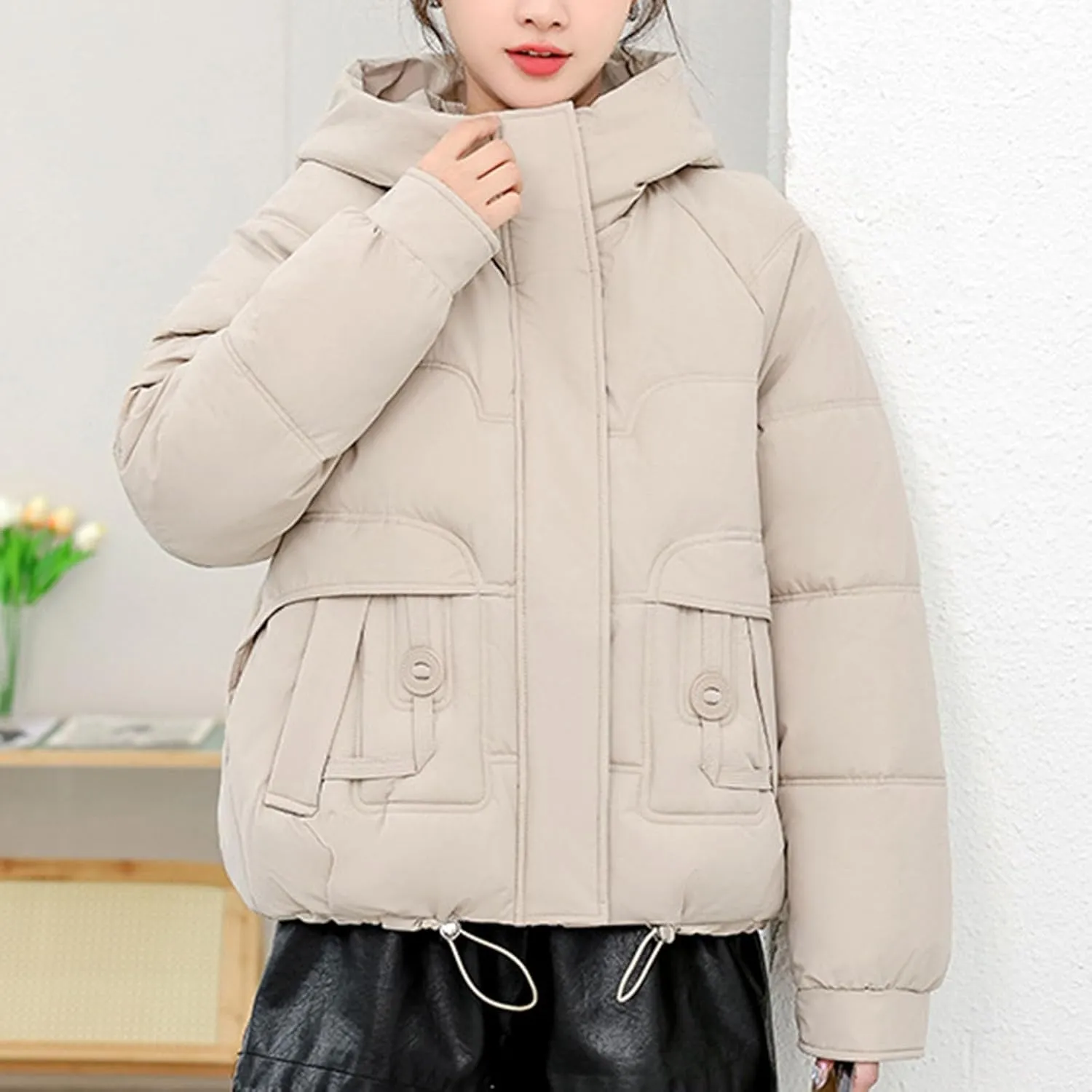 Women Puffer Jacket with Fur Hood Thickened Warm Plus Size Winter Coats Hooded Long Sleeve Quilted Puffer Jacket