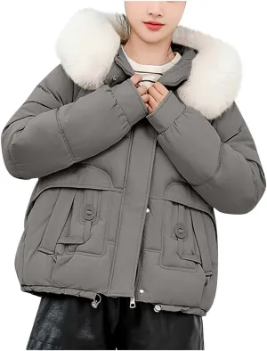 Women Puffer Jacket with Fur Hood Thickened Warm Plus Size Winter Coats Hooded Long Sleeve Quilted Puffer Jacket