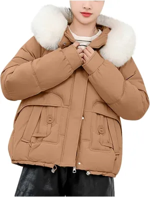 Women Puffer Jacket with Fur Hood Thickened Warm Plus Size Winter Coats Hooded Long Sleeve Quilted Puffer Jacket