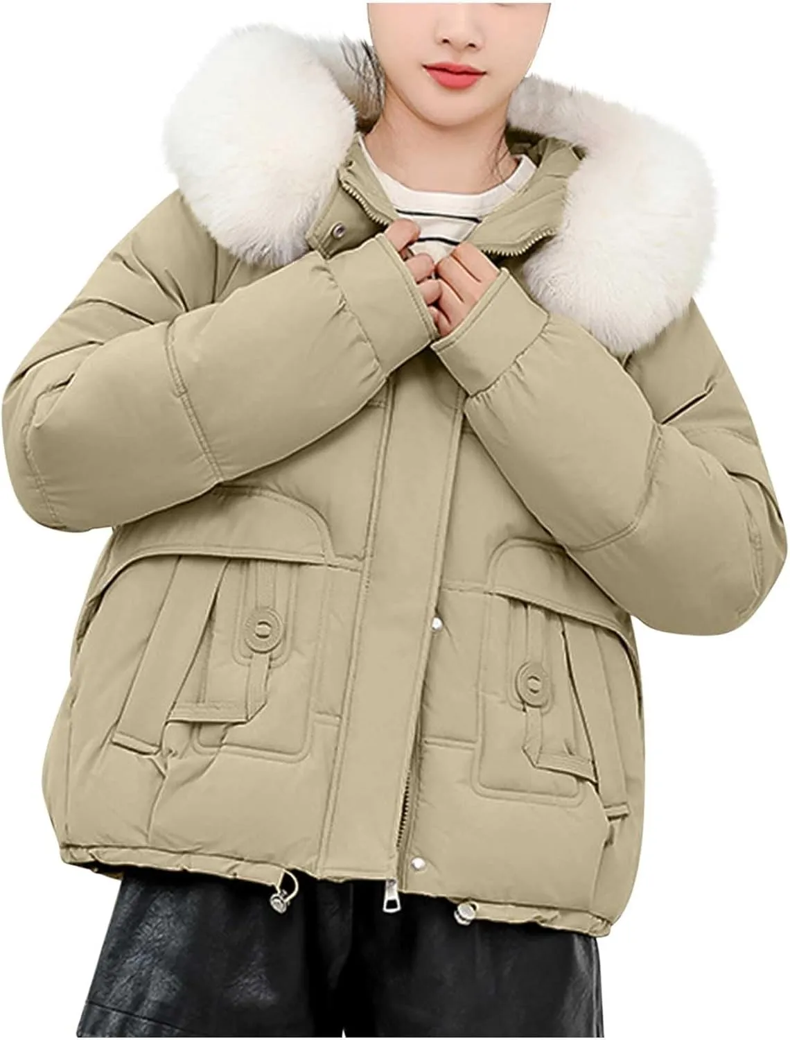 Women Puffer Jacket with Fur Hood Thickened Warm Plus Size Winter Coats Hooded Long Sleeve Quilted Puffer Jacket