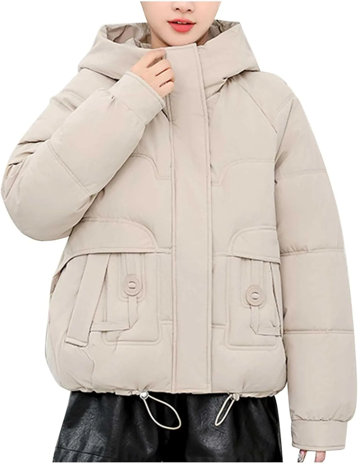 Women Puffer Jacket with Fur Hood Thickened Warm Plus Size Winter Coats Hooded Long Sleeve Quilted Puffer Jacket