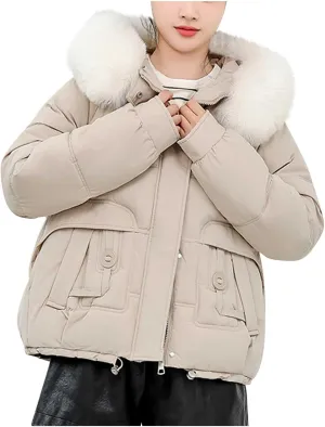Women Puffer Jacket with Fur Hood Thickened Warm Plus Size Winter Coats Hooded Long Sleeve Quilted Puffer Jacket