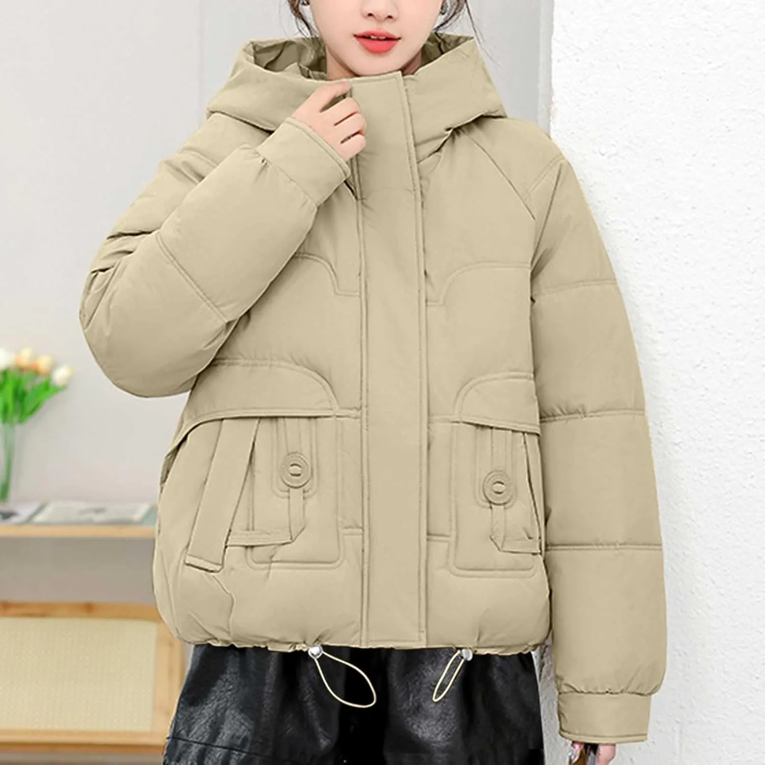 Women Puffer Jacket with Fur Hood Thickened Warm Plus Size Winter Coats Hooded Long Sleeve Quilted Puffer Jacket