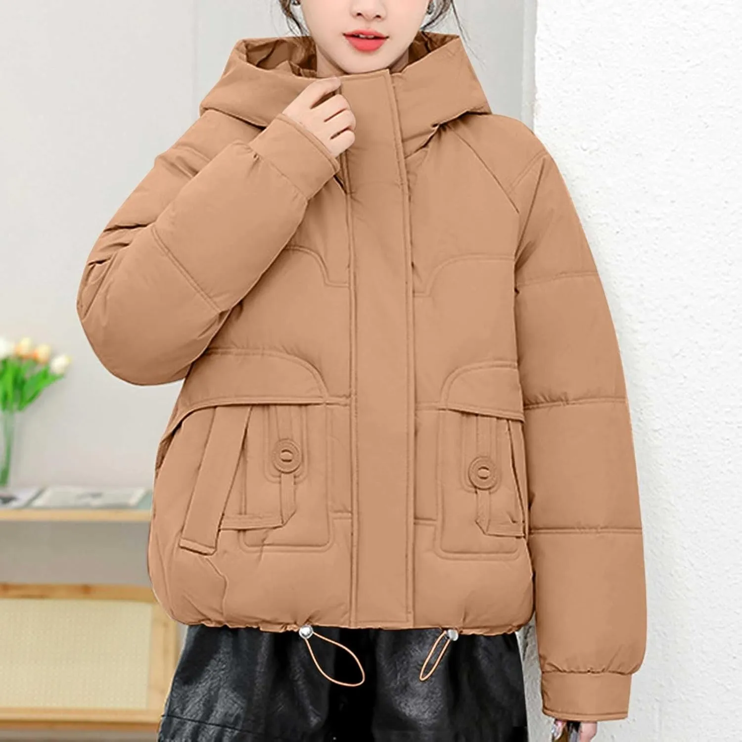 Women Puffer Jacket with Fur Hood Thickened Warm Plus Size Winter Coats Hooded Long Sleeve Quilted Puffer Jacket