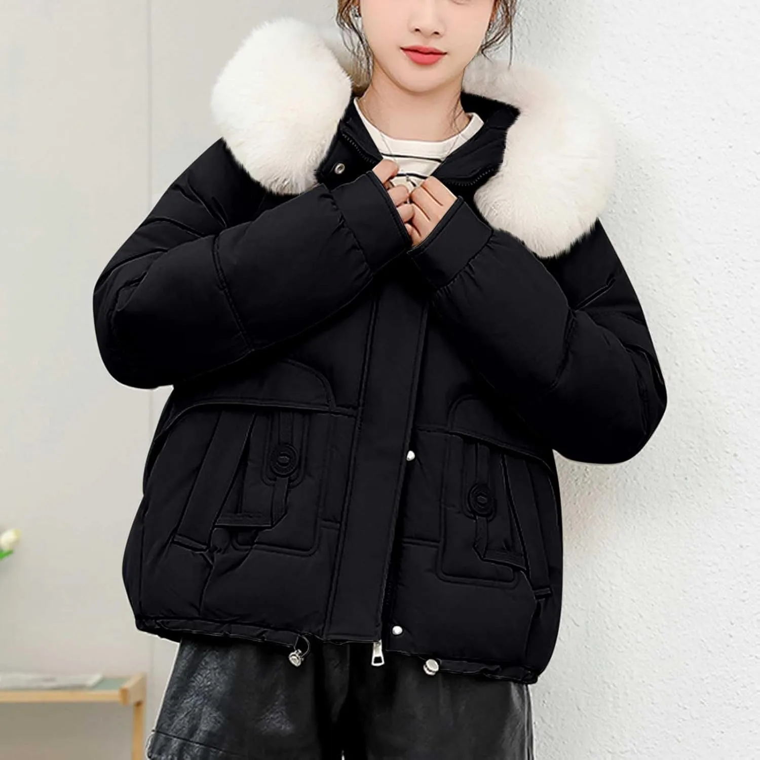 Women Puffer Jacket with Fur Hood Thickened Warm Plus Size Winter Coats Hooded Long Sleeve Quilted Puffer Jacket