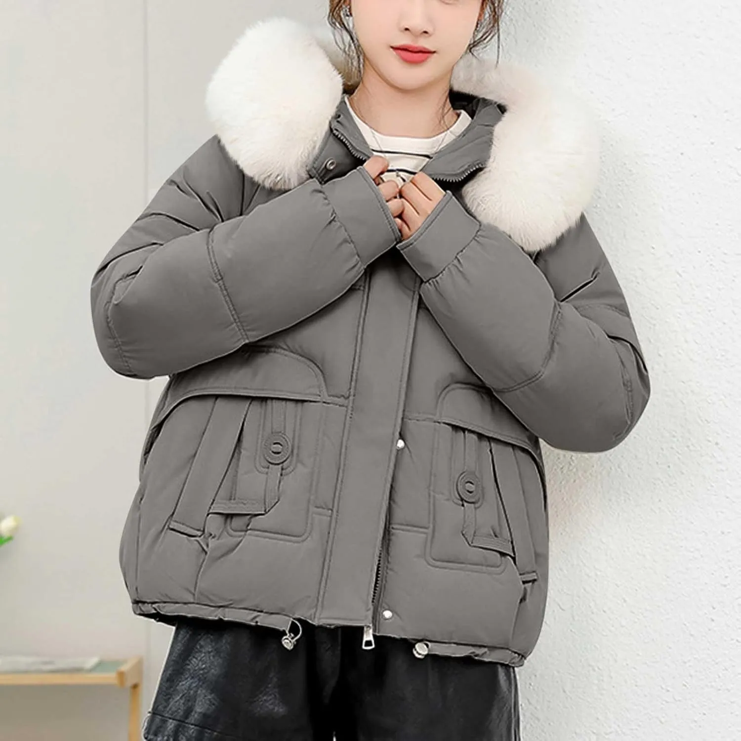 Women Puffer Jacket with Fur Hood Thickened Warm Plus Size Winter Coats Hooded Long Sleeve Quilted Puffer Jacket