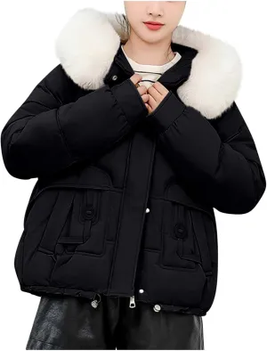 Women Puffer Jacket with Fur Hood Thickened Warm Plus Size Winter Coats Hooded Long Sleeve Quilted Puffer Jacket