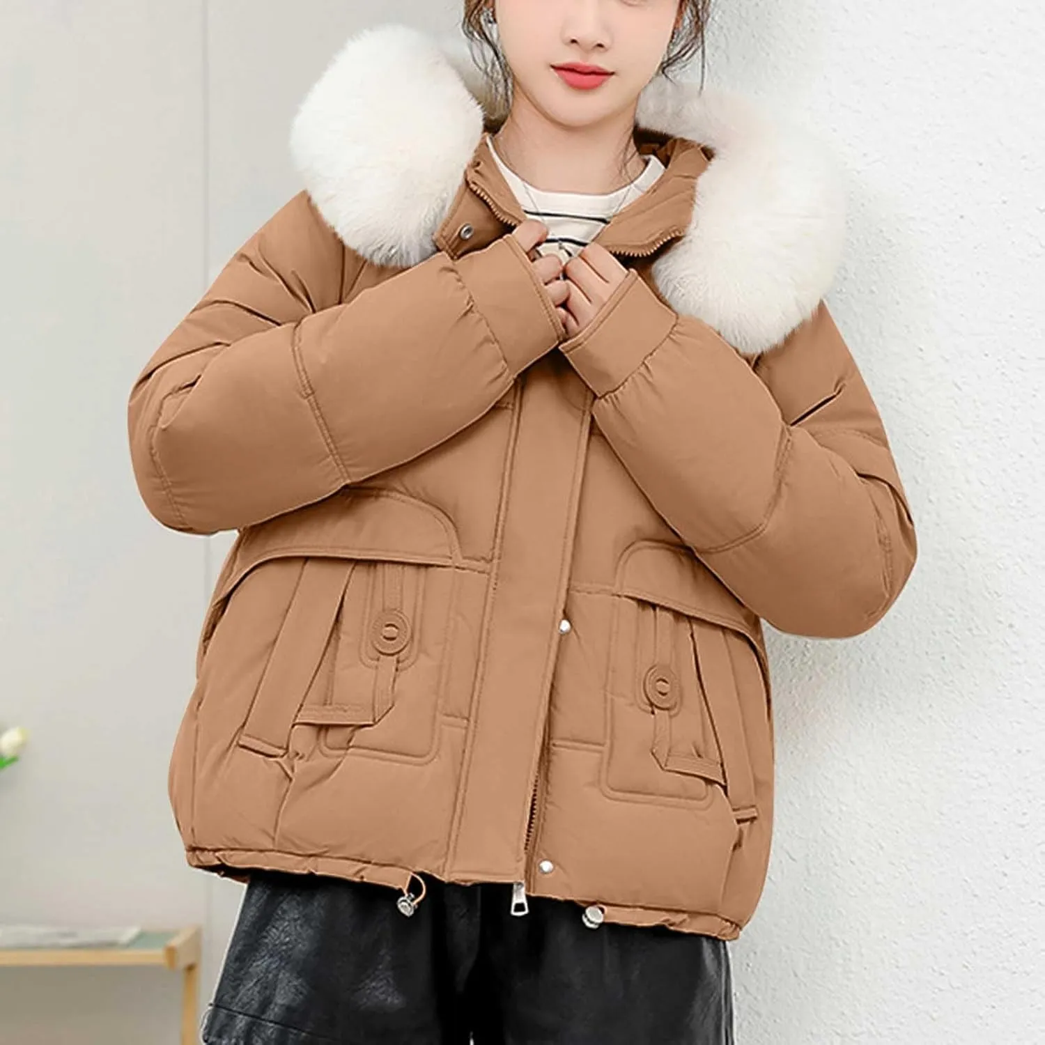 Women Puffer Jacket with Fur Hood Thickened Warm Plus Size Winter Coats Hooded Long Sleeve Quilted Puffer Jacket
