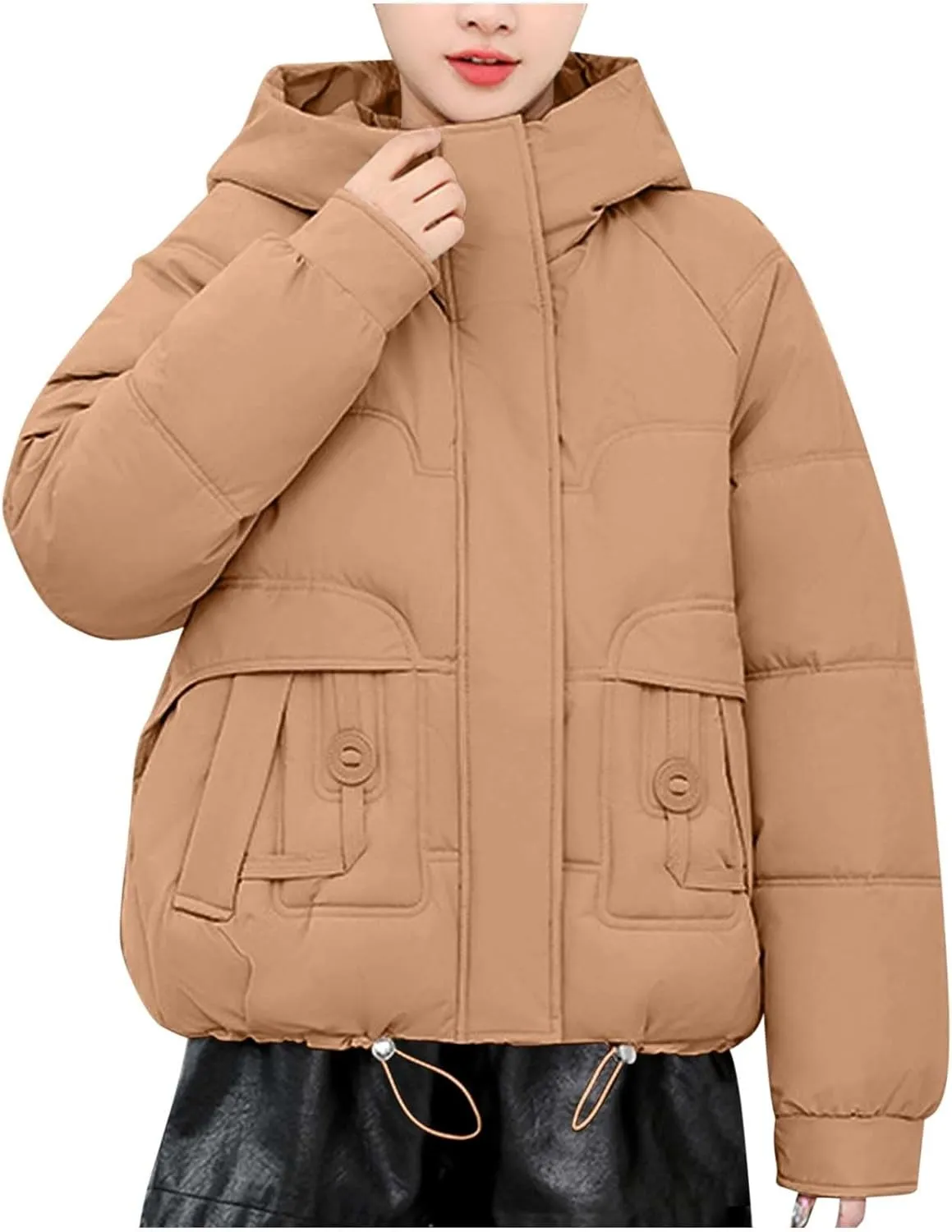 Women Puffer Jacket with Fur Hood Thickened Warm Plus Size Winter Coats Hooded Long Sleeve Quilted Puffer Jacket