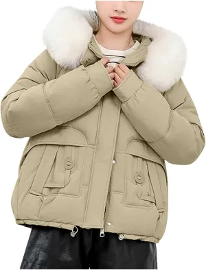 Women Puffer Jacket with Fur Hood Thickened Warm Plus Size Winter Coats Hooded Long Sleeve Quilted Puffer Jacket