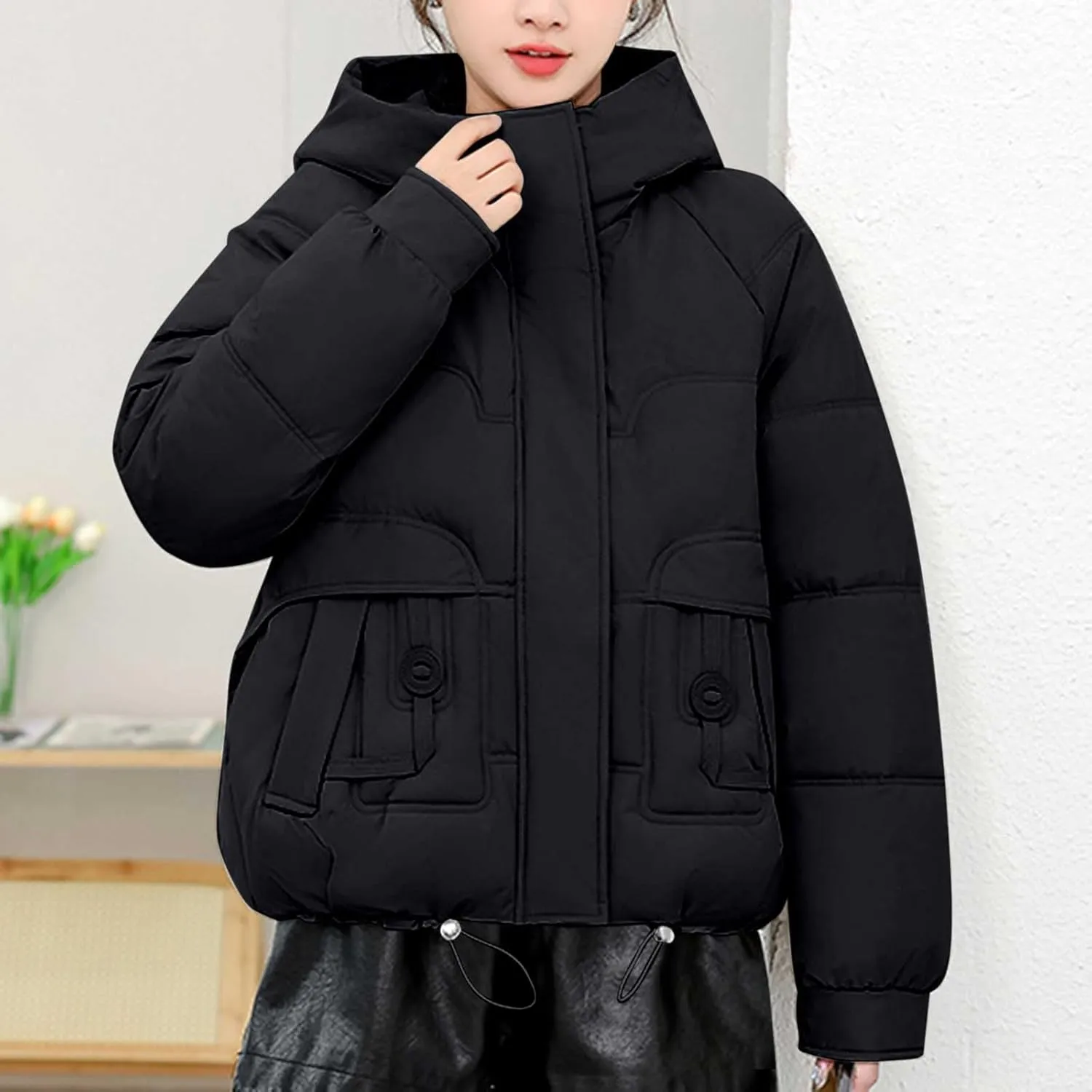 Women Puffer Jacket with Fur Hood Thickened Warm Plus Size Winter Coats Hooded Long Sleeve Quilted Puffer Jacket