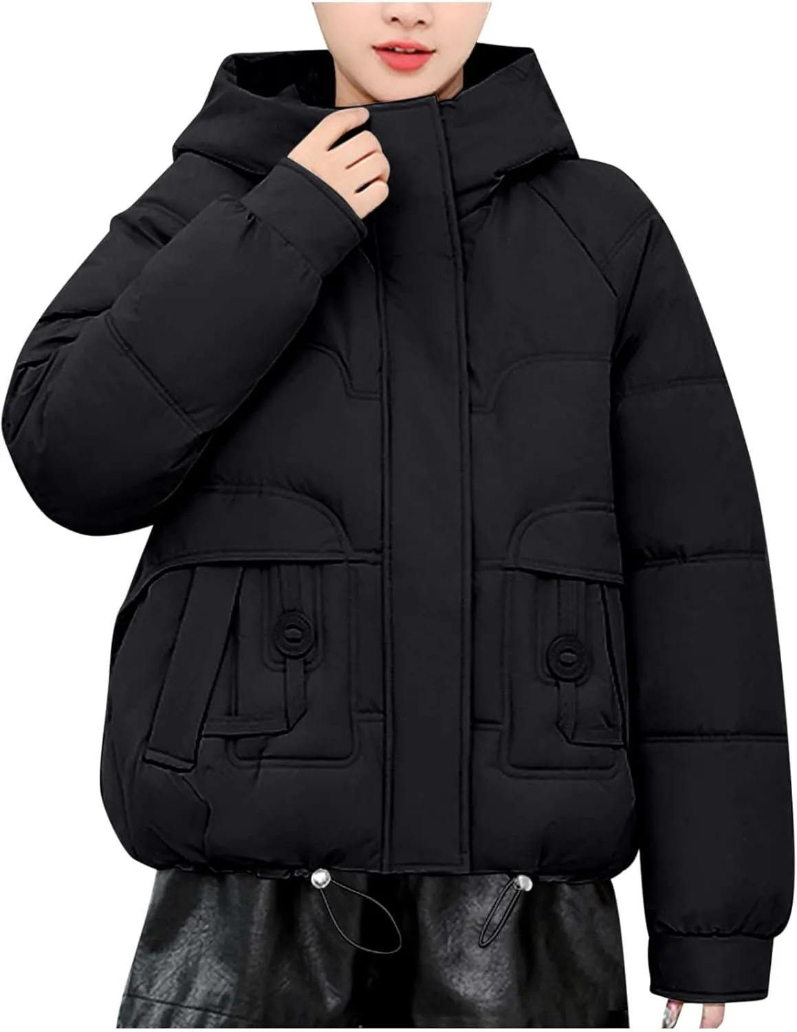 Women Puffer Jacket with Fur Hood Thickened Warm Plus Size Winter Coats Hooded Long Sleeve Quilted Puffer Jacket