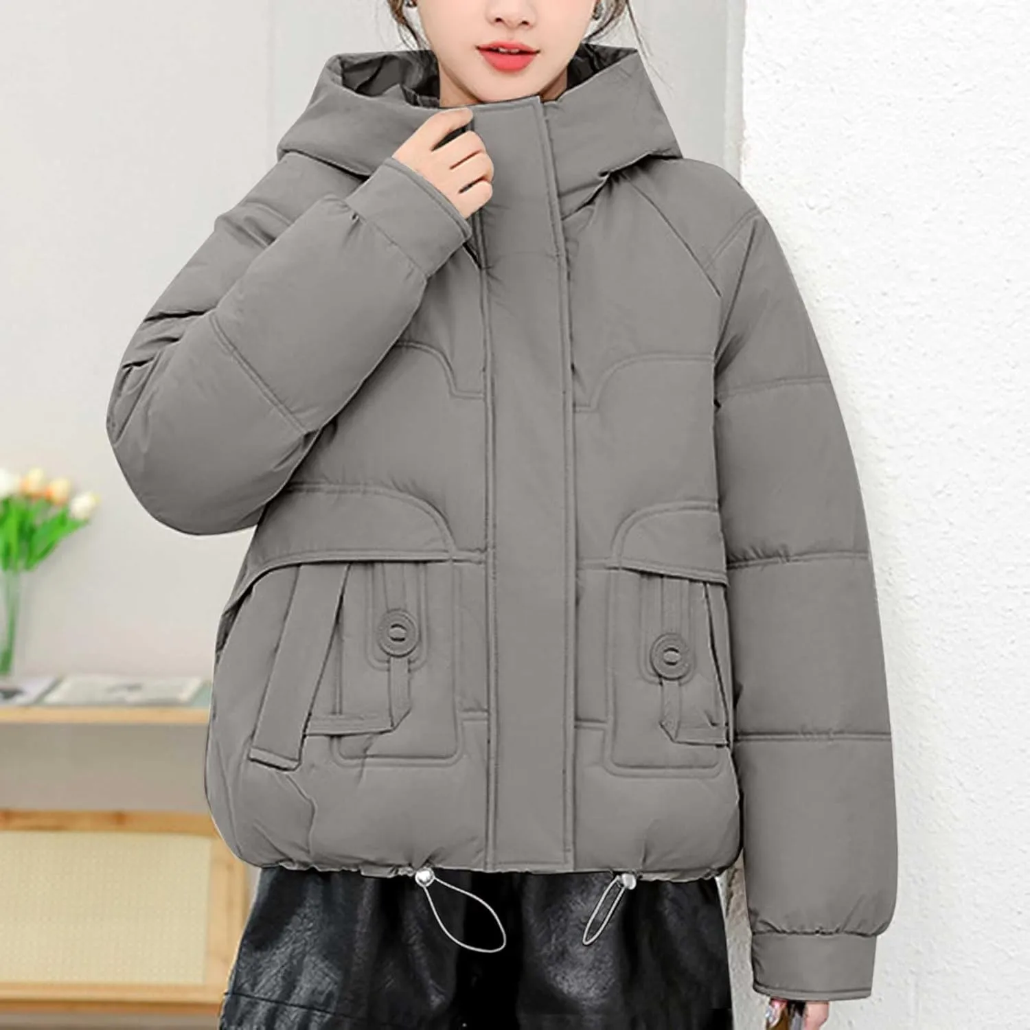 Women Puffer Jacket with Fur Hood Thickened Warm Plus Size Winter Coats Hooded Long Sleeve Quilted Puffer Jacket