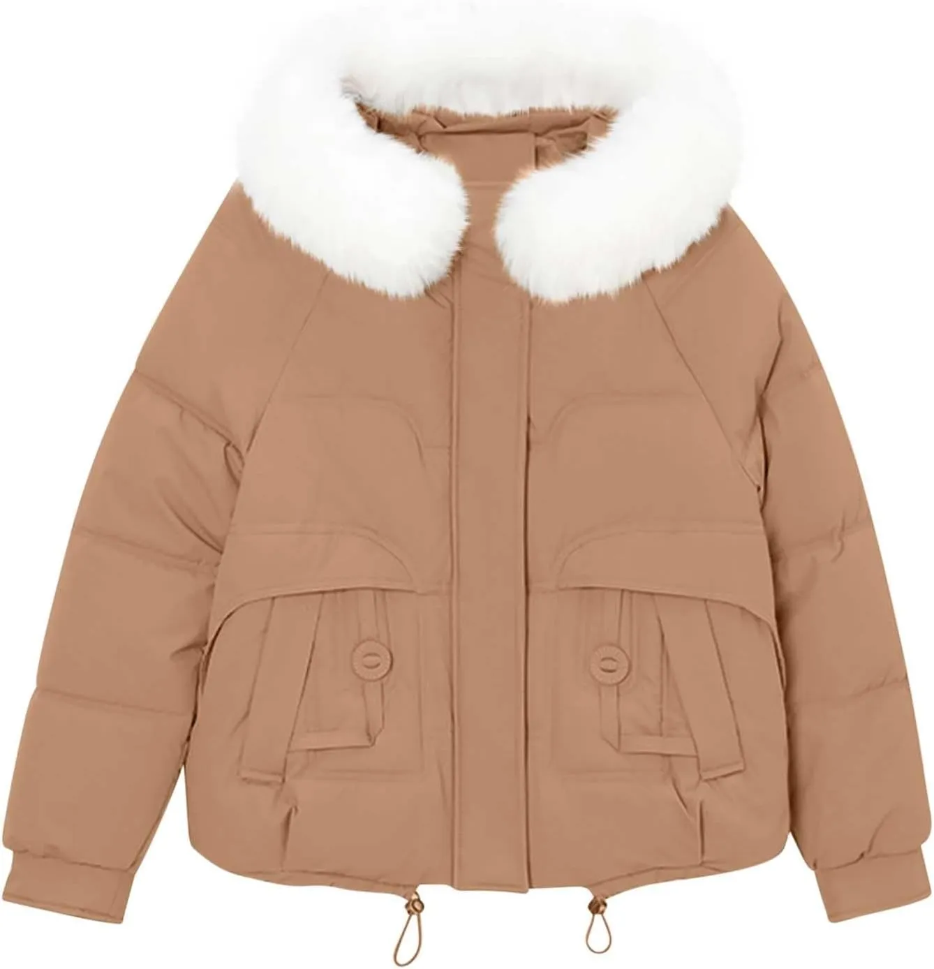 Women Puffer Jacket with Fur Hood Thickened Warm Plus Size Winter Coats Hooded Long Sleeve Quilted Puffer Jacket