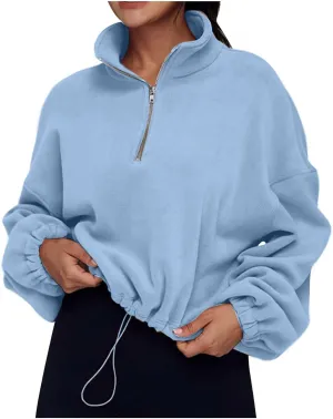 Women Quarter Zip Pullover Cropped Sweatshirts Fashion Teen Girls Y2k Fleece Fall Outfits Clothes Casual Sweatshirts