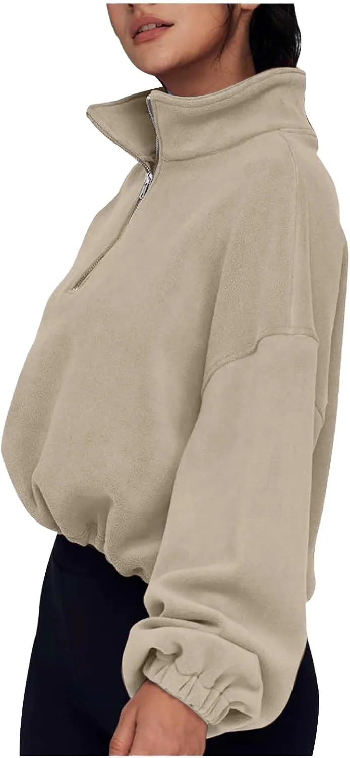 Women Quarter Zip Pullover Cropped Sweatshirts Fashion Teen Girls Y2k Fleece Fall Outfits Clothes Casual Sweatshirts
