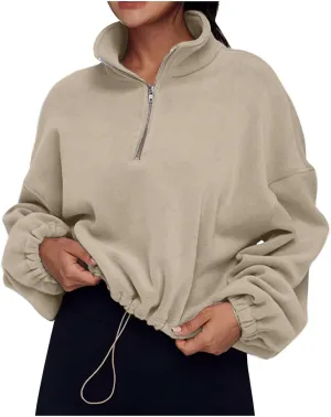 Women Quarter Zip Pullover Cropped Sweatshirts Fashion Teen Girls Y2k Fleece Fall Outfits Clothes Casual Sweatshirts
